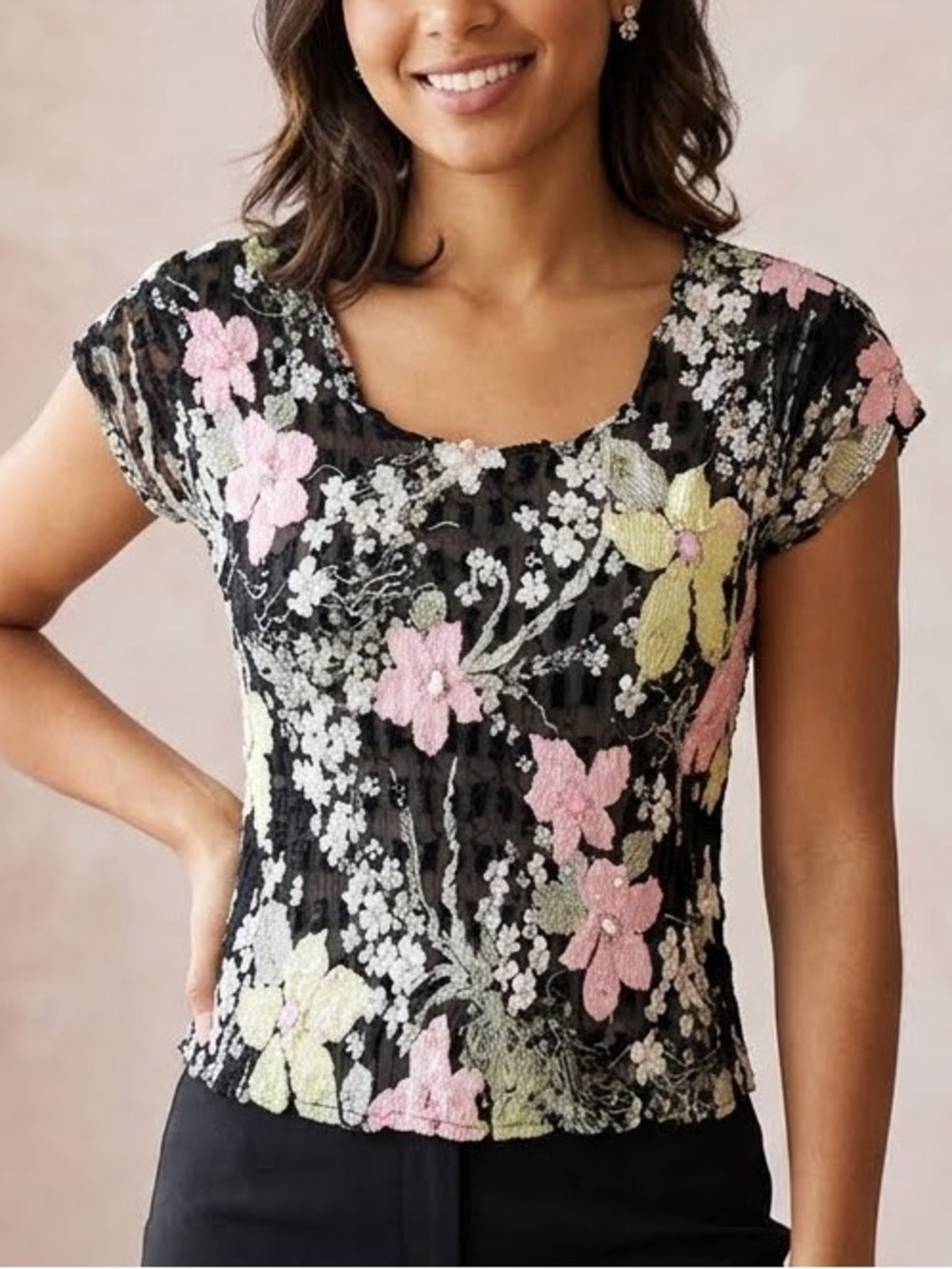 Alberto Makali Floral Semi-Sheer Top Short Sleeves Sequins Details Black Medium